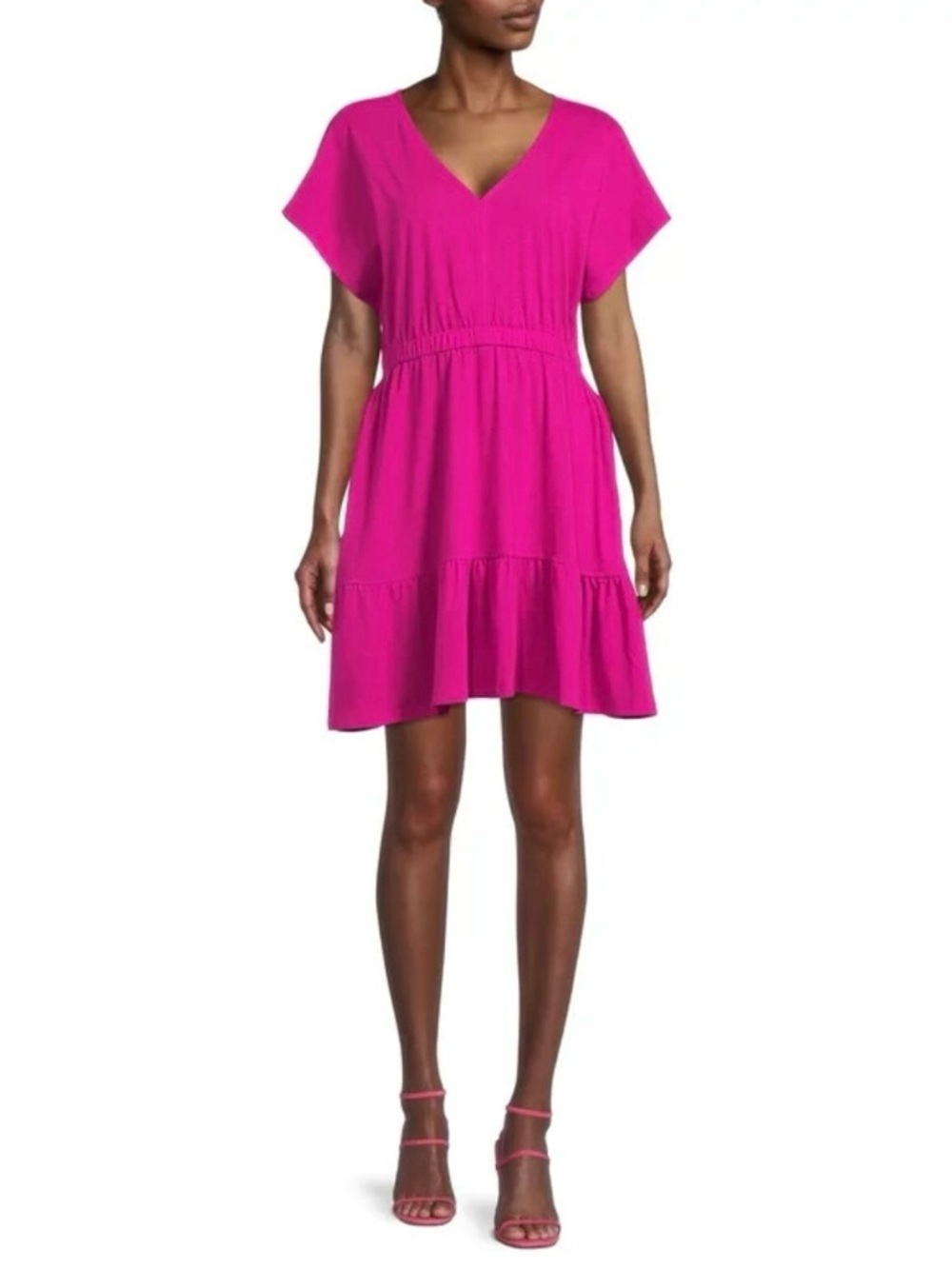 Time and Tru Women’s Fuchsia V-Neck Short Sleeve Knit Tiered Dress Size Medium